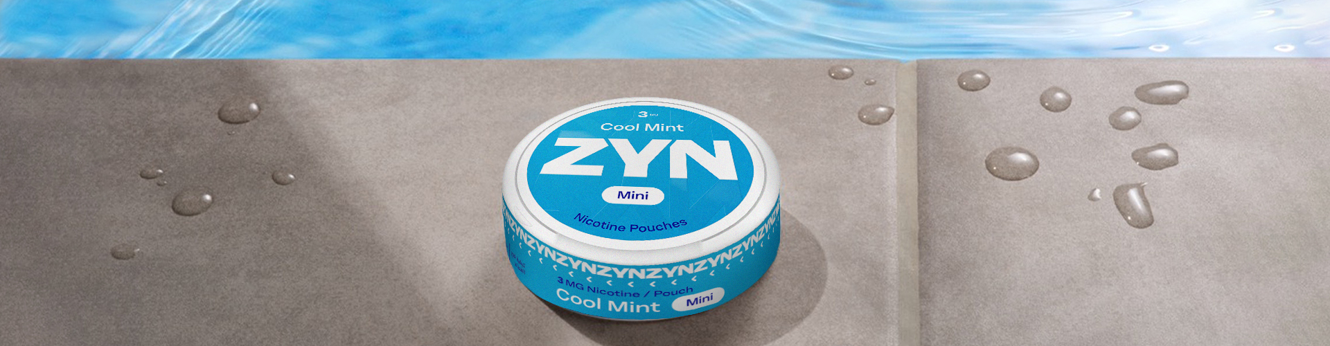 Diagram of a ZYN Mini nicotine pouch labeled with its ingredients. On the left: nicotine, pH adjuster, and fillers. On the right: sweeteners, flavoring, and stabilizers. The background is blue with the title ‘ZYN Mini'.	